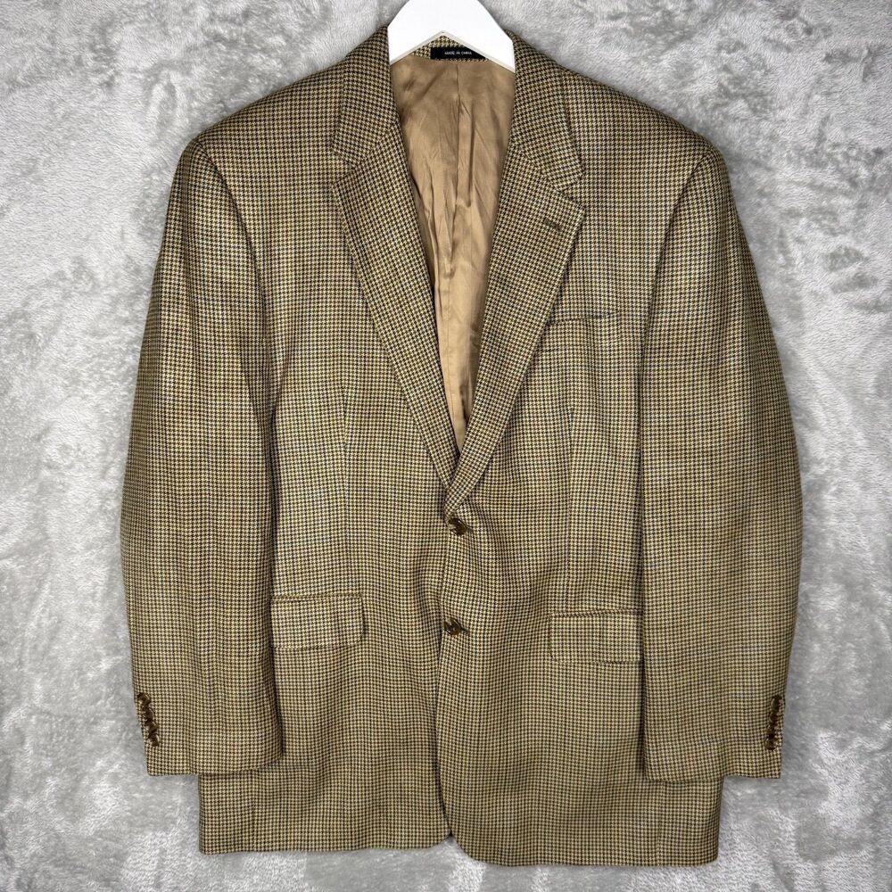 Chaps Silk Blazer Mens 42 L Regular Brown Tan Houndstooth 2 Button Single Vented